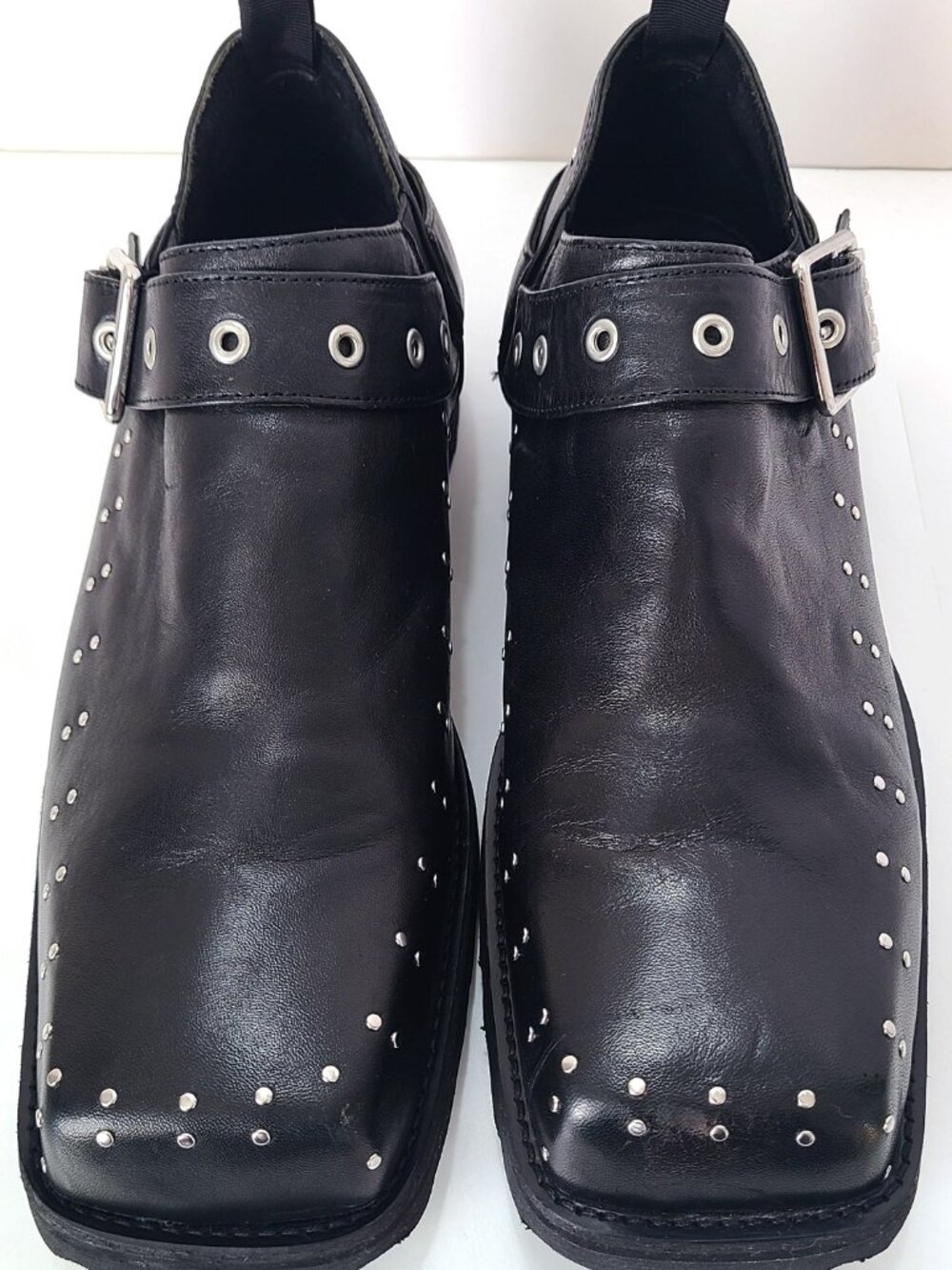 John Fluevog Carlton MK1 Foyt Black Studded Leather Boots Square Toe Sz 13 - Picture 6 of 10